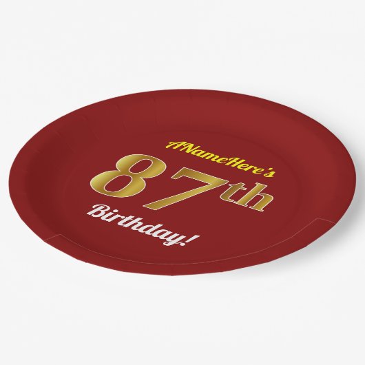 赤、フェイク金ゴールド87番目の誕生日+名前をカスタムする ペーパープレート (アングル)