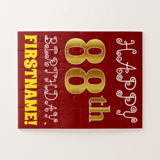赤、フェイク金ゴールド88誕生日+名前をカスタムするパズル ジグソーパズル (横)
