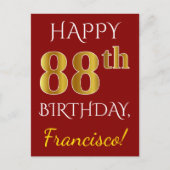 赤、フェイク金ゴールド88誕生日+名前をカスタムする ポストカード (正面)