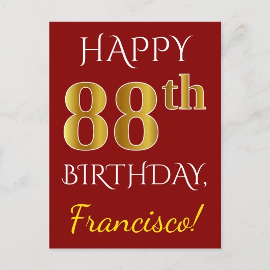 赤、フェイク金ゴールド88誕生日+名前をカスタムする ポストカード (正面)