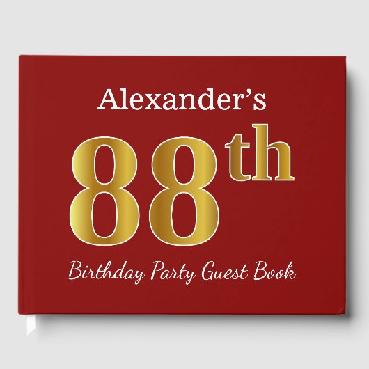 赤、フェイク金ゴールド88th誕生日パーティー+名前をカスタムする ゲストブック (正面)