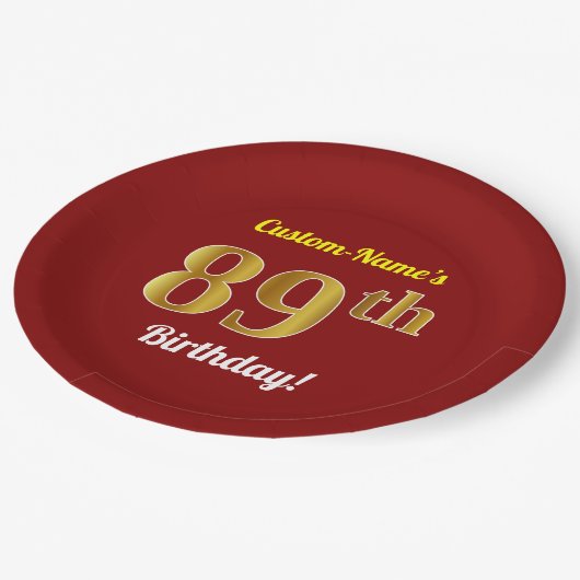 赤、フェイク金ゴールド89誕生日+名前をカスタムする ペーパープレート (アングル)
