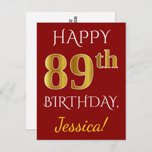 赤、フェイク金ゴールド89誕生日+名前をカスタムする ポストカード (正面/裏面)