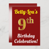 赤、フェイク金ゴールド9番目の誕生祝い+名前 招待状 (正面/裏面)