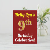 赤、フェイク金ゴールド9番目の誕生祝い+名前 招待状 (スタンド正面)