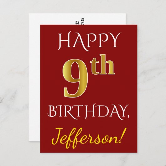 赤、フェイク金ゴールド9誕生日+名前をカスタムするはがき ポストカード (正面/裏面)