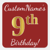 赤、フェイク金ゴールド9誕生日+名前をカスタムするシール スクエアシール (正面)