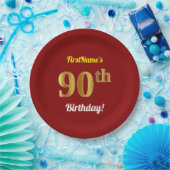赤、フェイク金ゴールド90誕生日+名前をカスタムする ペーパープレート (パーティー)