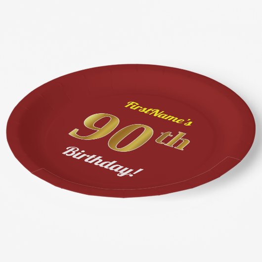 赤、フェイク金ゴールド90誕生日+名前をカスタムする ペーパープレート (アングル)