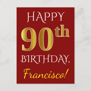 赤、フェイク金ゴールド90誕生日+名前をカスタムする ポストカード