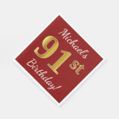 赤、フェイク金ゴールド91番目の誕生日+名前をカスタムする スタンダードランチョンナプキン (角)