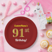 赤、フェイク金ゴールド91番目の誕生日+名前をカスタムする ペーパープレート (パーティー)