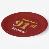 赤、フェイク金ゴールド91番目の誕生日+名前をカスタムする ペーパープレート (アングル)