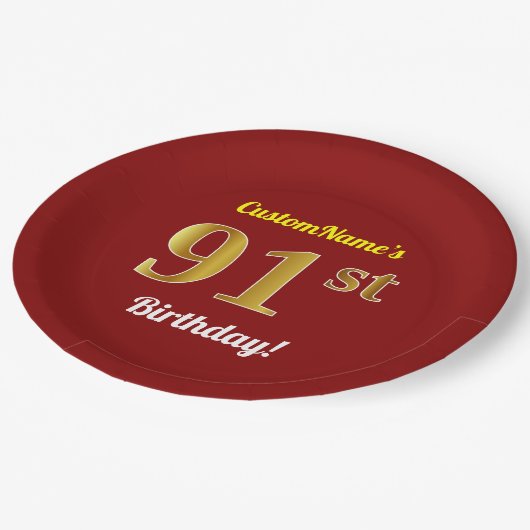赤、フェイク金ゴールド91番目の誕生日+名前をカスタムする ペーパープレート (アングル)