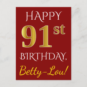 赤、フェイク金ゴールド91番目の誕生日+名前をカスタムする ポストカード