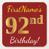 赤、フェイク金ゴールド92番目の誕生日+名前をカスタムする スクエアペーパーコースター (正面)