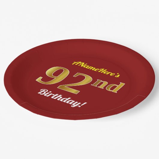 赤、フェイク金ゴールド92番目の誕生日+名前をカスタムする ペーパープレート (アングル)