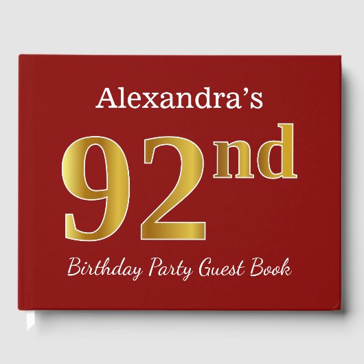 赤、フェイク金ゴールド92nd誕生日パーティー+名前をカスタムする ゲストブック (正面)
