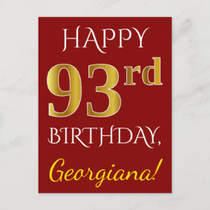 赤、フェイク金ゴールド93番目の誕生日+名前をカスタムする ポストカード