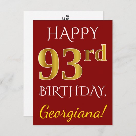 赤、フェイク金ゴールド93番目の誕生日+名前をカスタムする ポストカード (正面/裏面)