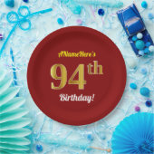赤、フェイク金ゴールド94番目の誕生日+名前をカスタムする ペーパープレート (パーティー)