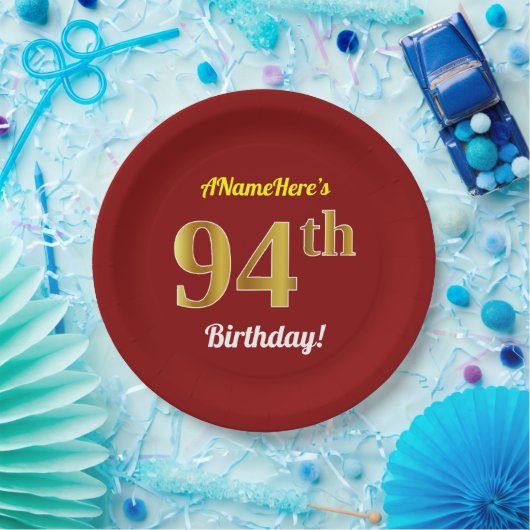 赤、フェイク金ゴールド94番目の誕生日+名前をカスタムする ペーパープレート (パーティー)