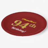赤、フェイク金ゴールド94番目の誕生日+名前をカスタムする ペーパープレート (アングル)