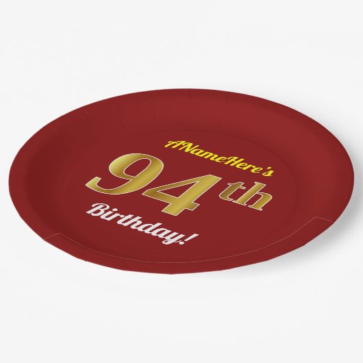 赤、フェイク金ゴールド94番目の誕生日+名前をカスタムする ペーパープレート (アングル)