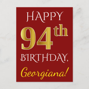 赤、フェイク金ゴールド94番目の誕生日+名前をカスタムする ポストカード