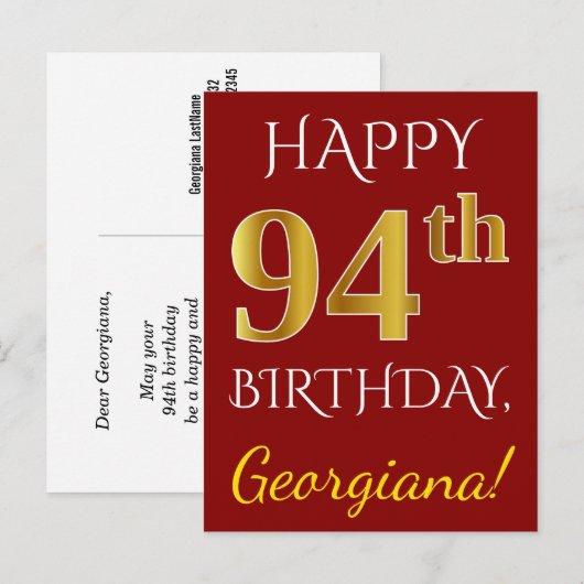 赤、フェイク金ゴールド94番目の誕生日+名前をカスタムする ポストカード (正面/裏面)