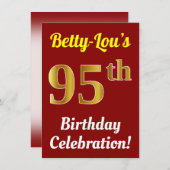 赤、フェイク金ゴールド95番目の誕生祝い+名前 招待状 (正面/裏面)