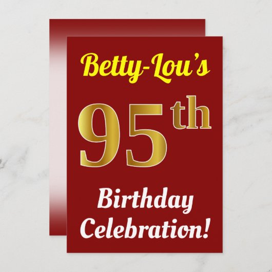赤、フェイク金ゴールド95番目の誕生祝い+名前 招待状 (正面/裏面)