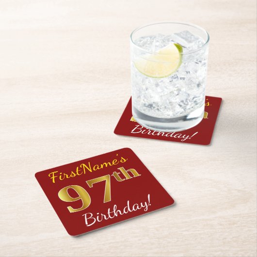 赤、フェイク金ゴールド97番目の誕生日+名前をカスタムする スクエアペーパーコースター (インサイチュ)