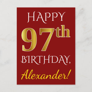 赤、フェイク金ゴールド97番目の誕生日+名前をカスタムする ポストカード