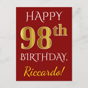 赤、フェイク金ゴールド98誕生日+名前をカスタムする ポストカード