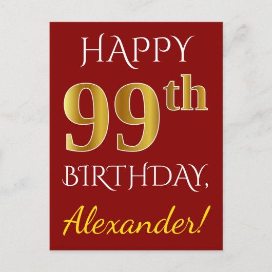 赤、フェイク金ゴールド99誕生日+名前をカスタムする ポストカード (正面)