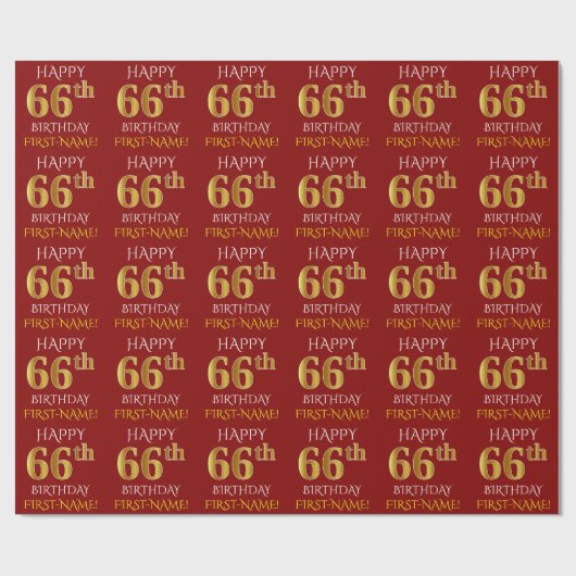 赤、フェイク金ゴールド「HAPPY 66誕生日」 ラッピングペーパー (フラット)