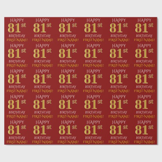 赤、フェイク金ゴールド「HAPPY 81st誕生日」 ラッピングペーパー (フラット)