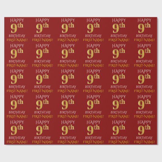 赤、フェイク金ゴールド「HAPPY 9誕生日」 ラッピングペーパー (フラット)