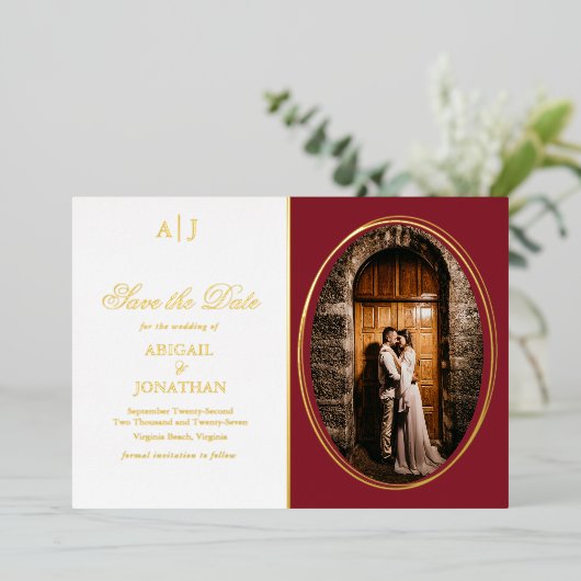 赤、フォーマル金ゴールド写真結婚式の日付を保存 箔招待状 (立ち正面)