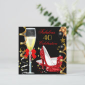 赤 ブラック ゴールド 40 & ファビュラス 40歳の誕生日パーティー2 招待状 (スタンド正面)