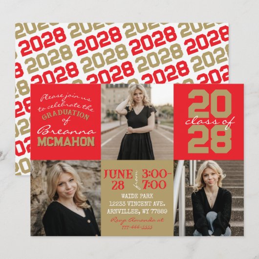 赤 & ブロンズゴールド3枚写真卒業式招待状 招待状 (正面/裏面)