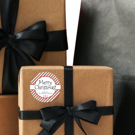 赤&ホワイトキャンディーケインストライプホリデーギフトラベル ラウンドシール