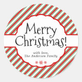 赤&ホワイトキャンディーケインストライプホリデーギフトラベル ラウンドシール (正面)