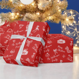 赤 メリークリスマス 手描き風 ドゥードル 名前入り ラッピングペーパー