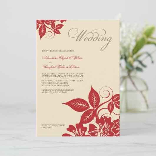 赤/モダンクリームフローラ結婚式招待状 招待状 (スタンド正面)