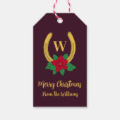 赤+モノグラムのゴールドChristmasPoinsettia馬蹄形 ギフトタグ (正面)