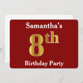 赤, 偽の金色 8歳の誕生日パーティー + オーダーメイド ネーム 招待状 (正面/裏面)