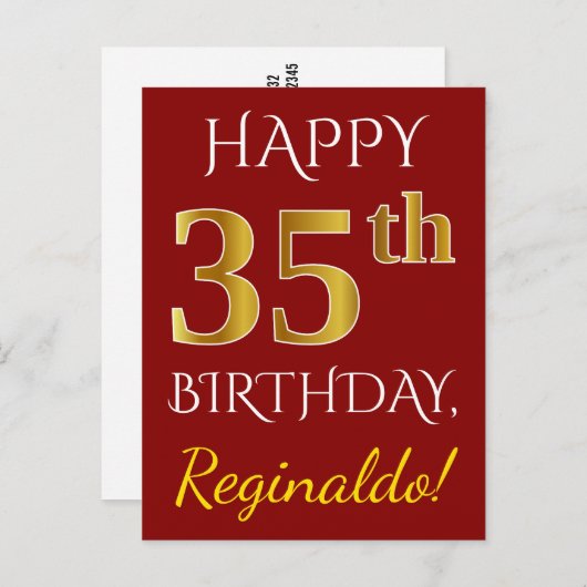 赤、偽の金 35歳の誕生日 + オーダーメイド ネーム ポストカード (正面/裏面)