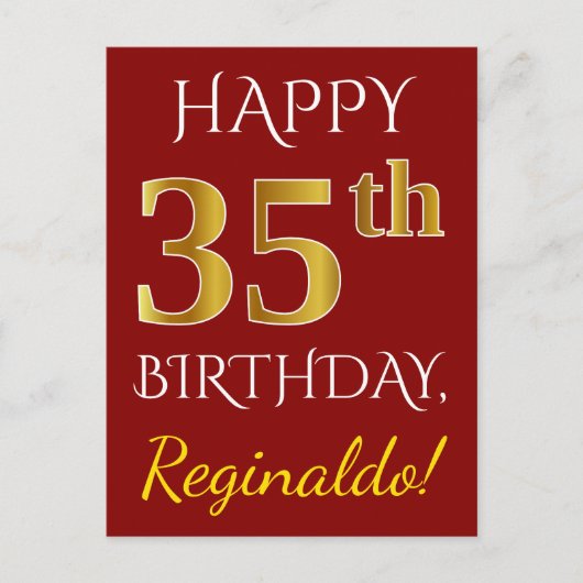 赤、偽の金 35歳の誕生日 + オーダーメイド ネーム ポストカード (正面)